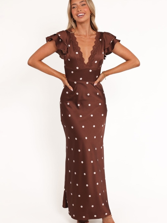 Petal & Pup Dresses & Skirts - Petal & Pup Brown Polka Dot Lace-Trim Maxi Dress